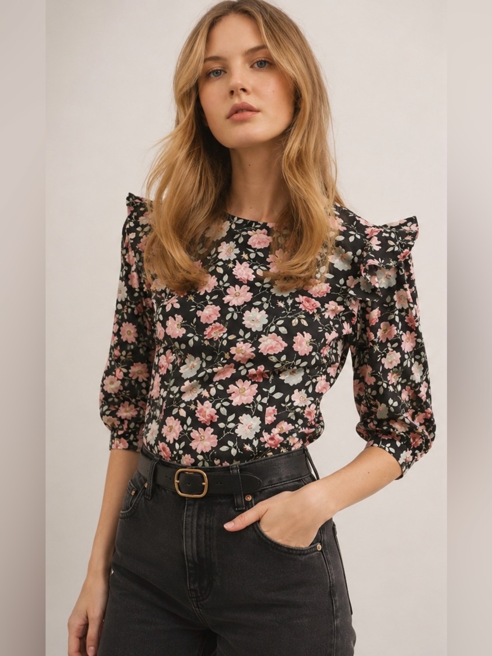 Rebecca Taylor La Vie Ariane Rose Floral Stretch Cotton Blouse Size Small